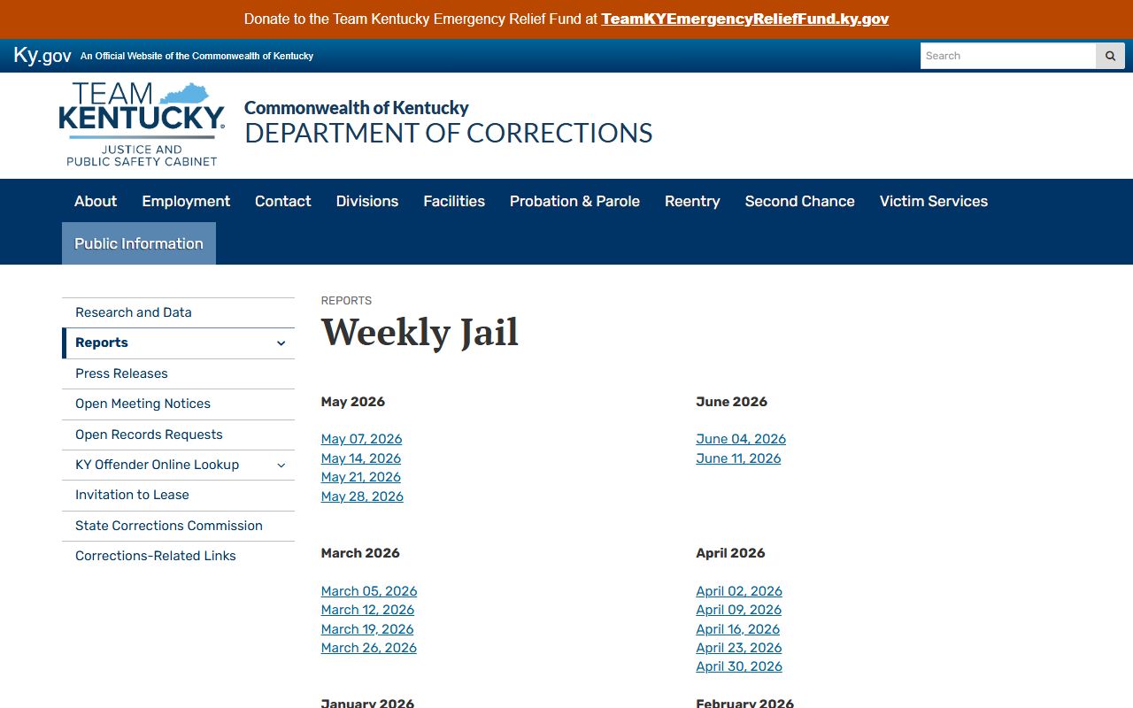 Estill County inmate population KDOC weekly jail report index
